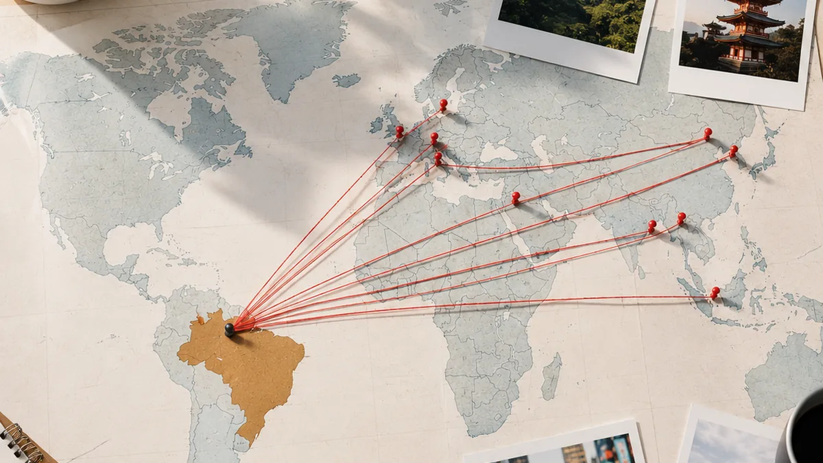 Mapa-múndi sobre mesa com fios vermelhos ligando o Brasil à Ásia e à Europa, polaroids de moda espalhadas