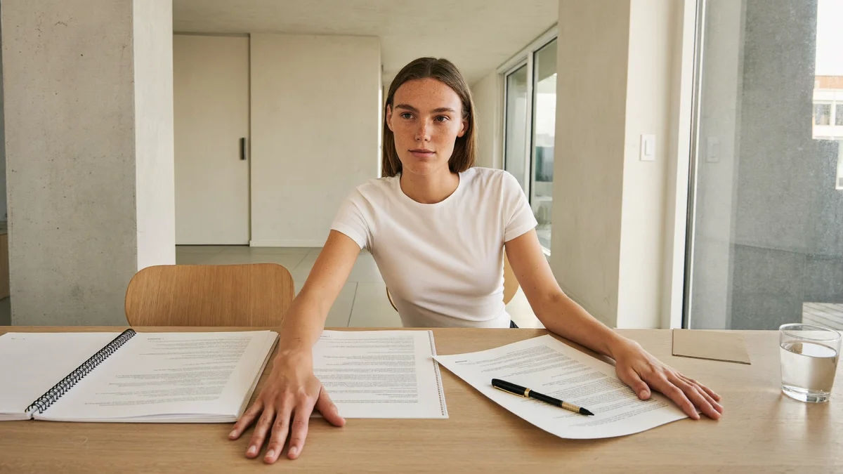 Modelo jovem lendo um contrato de agência sobre a mesa de madeira clara, apartamento contemporâneo com luz de janela