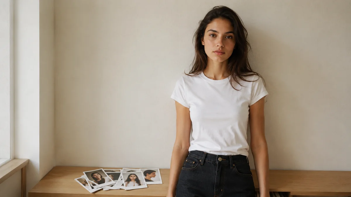 Modelo em camiseta branca e jeans contra parede clara, polaroid de corpo inteiro tirada com luz natural de janela
