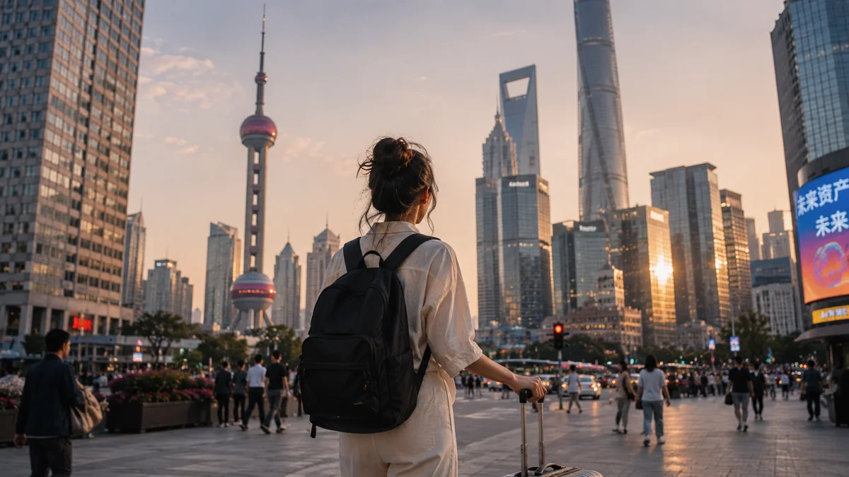 Modelo de costas em praça de Xangai com Oriental Pearl Tower ao fundo, mochila preta e mala pequena, luz dourada de fim de tarde