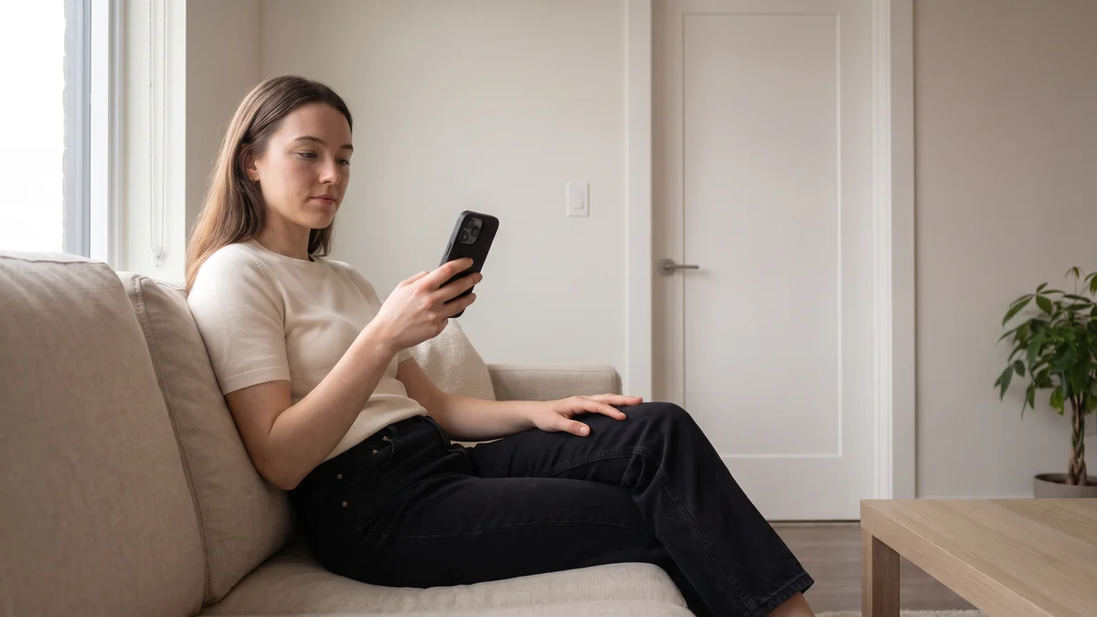 Model sitting on a living room sofa in an apartment, looking at her phone, with the room's door behind her